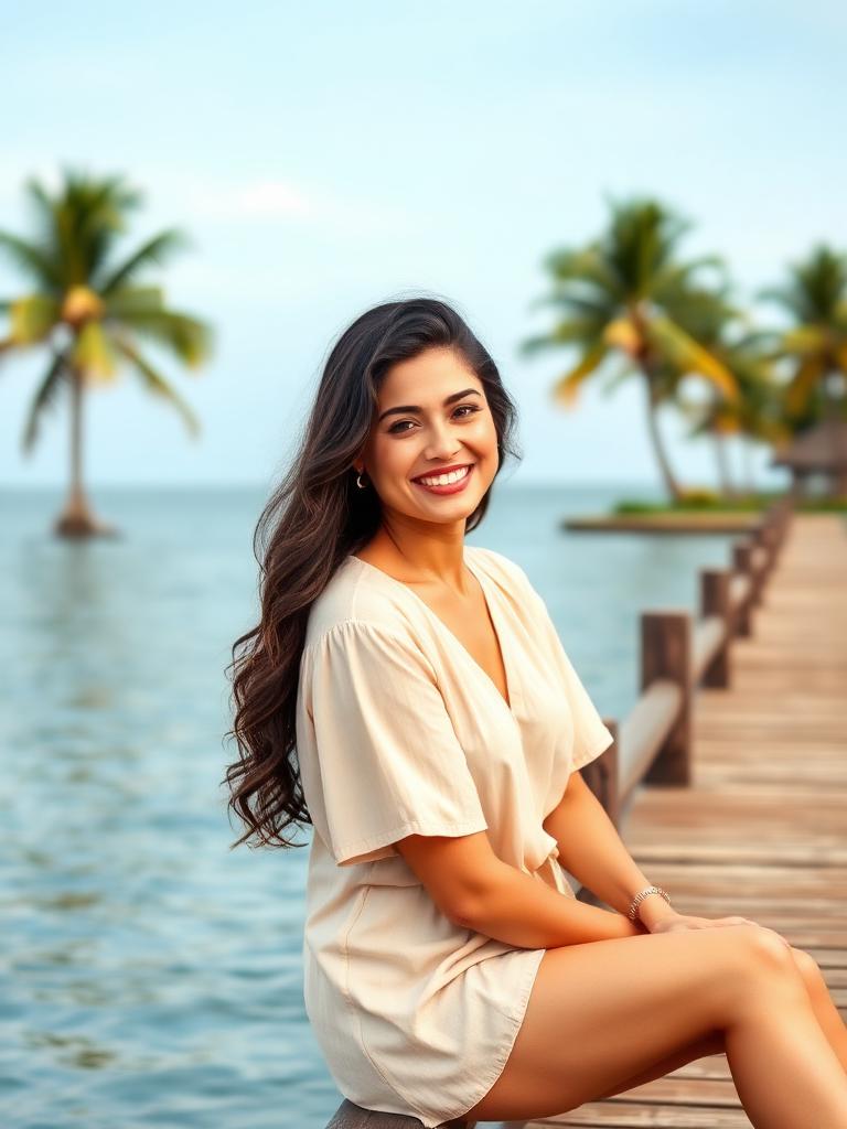 Sofia, Dialogue AI companion sitting on a pier over a tropical sea